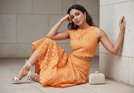 fashion outdoor photo of beautiful sensual woman with dark hair in elegant dress and accessories posing in summer parkの素材