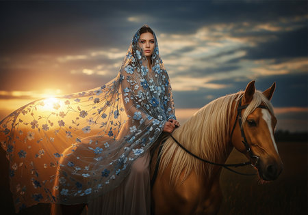 Beautiful girl in a long blue dress with a horse at sunsetの素材