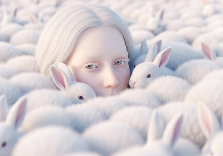 3d rendering of a little girl and white rabbits in the fieldの素材