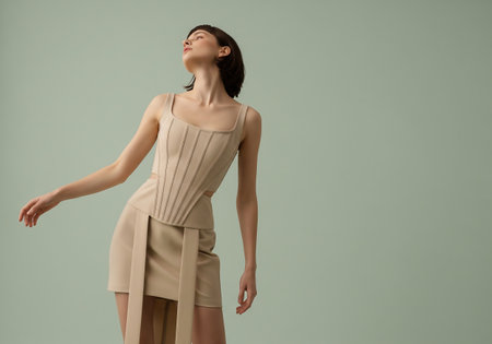 Fashion shot of a beautiful young woman in beige dress.の素材