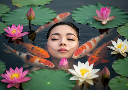 Beautiful asian woman with koi fish swimming in the pondの素材