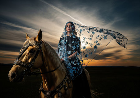 Beautiful woman in a long dress on a horse at sunset.の素材