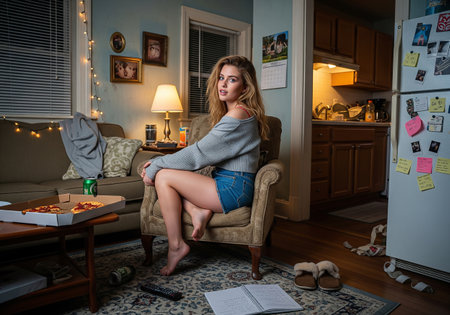 Young woman sitting on a chair in her living room at home.の素材