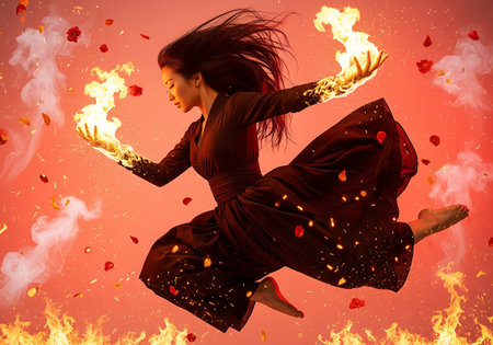 Flaming woman flying in the air with red rose petalsの素材