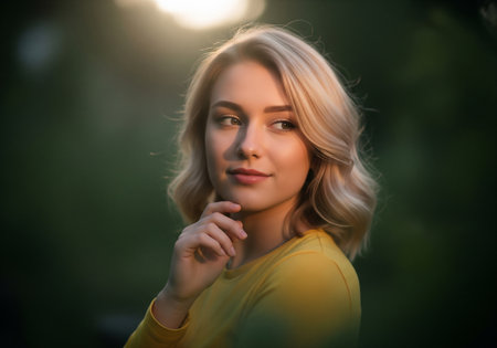 Portrait of a beautiful young woman with blond hair in the park.の素材