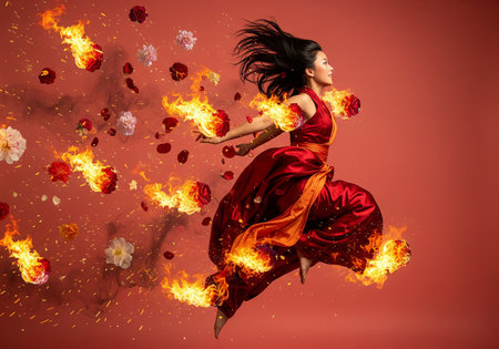 Flaming woman in red dress on red background with flying flowersの素材