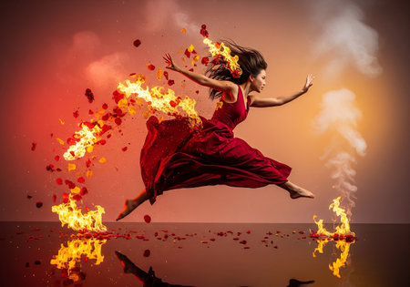 Young beautiful woman in red dress jumping high in the air with fireの素材