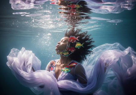 Beautiful african american woman swimming underwater in the pool.の素材