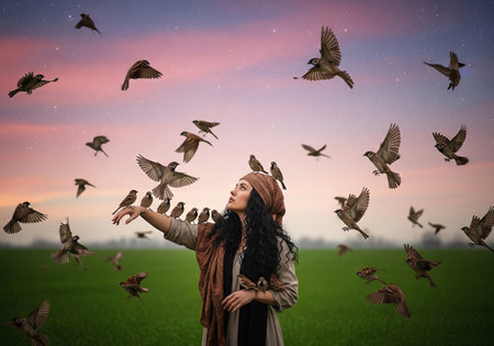 Beautiful young woman in the field with flying birds at sunset.の素材