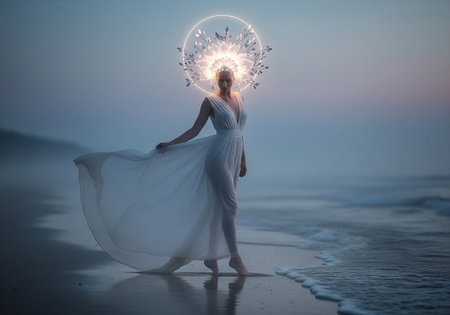 Beautiful girl in white dress on the beach at sunset. Fantasy.の素材