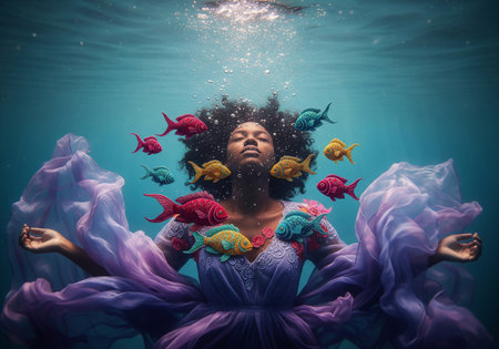 Beautiful african american woman with afro hairstyle and fish underwaterの素材