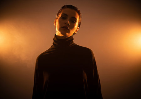 Portrait of a beautiful girl in a black coat on a dark background.の素材