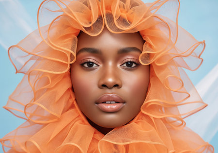 Beauty portrait of african american woman in orange veil.の素材