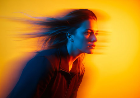 Portrait of a beautiful young woman with flying hair in the studio.の素材