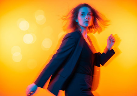 Beautiful young woman in fashion black suit posing in studio with lights.の素材