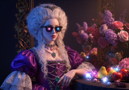 Beautiful young woman in medieval era dress and sunglasses sitting at the table.の素材