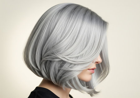 Beautiful woman with silver hair. Short bob hairstyle. Studio shot.の素材