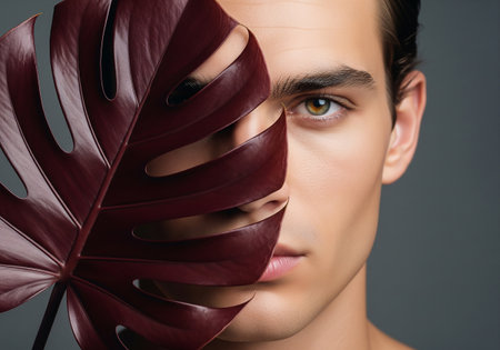 Close-up portrait of a handsome young man with a monstera leafの素材