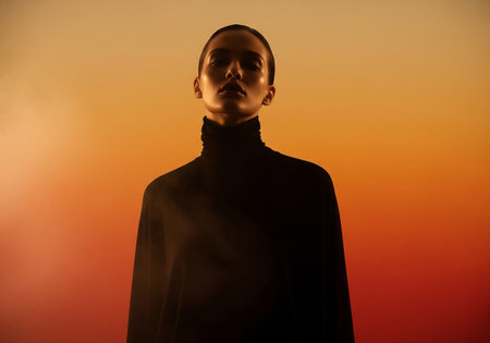 Silhouette of a woman in a black cloak on a sunset backgroundの素材