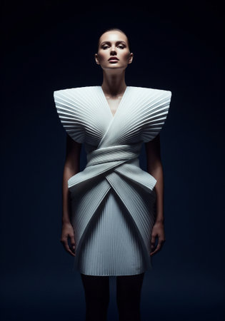 Fashion photo of young magnificent woman in white dress. Studio shot.の素材