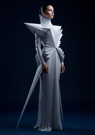 Fashion model in white dress posing in studio. 3d renderingの素材