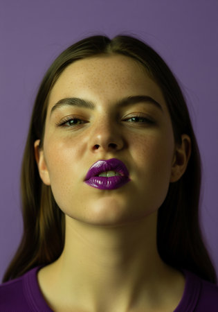 Portrait of a young woman with purple lips on a purple backgroundの素材