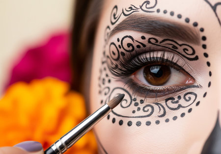 Close-up portrait of beautiful young woman with sugar skull make upの素材