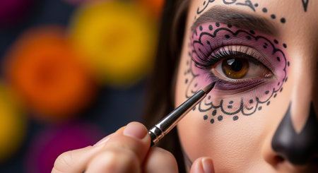 Close-up portrait of young beautiful woman with creative make-upの素材