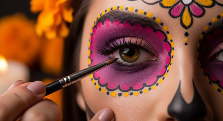 Close-up portrait of a young beautiful woman with sugar skull makeup.の素材