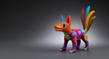 3D illustration of a colorful dog made of plasticine on a dark backgroundの素材