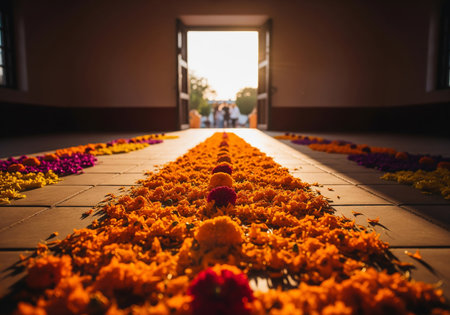 Marigold flower garland at the entrance to the temple.の素材