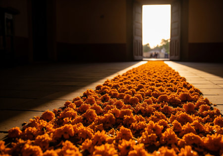 Beautiful orange marigold flowers on the floor in the templeの素材