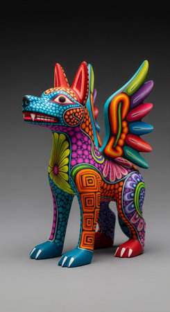 Colorful figure of a dog made of plasticine on a gray backgroundの素材