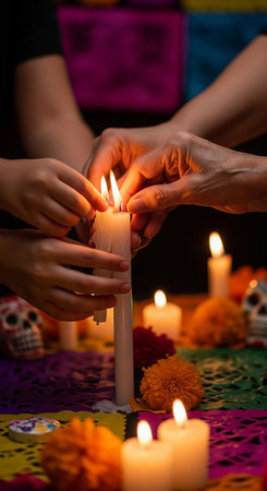 Hands Lighting Altar Candles for Dia De Muertosの素材