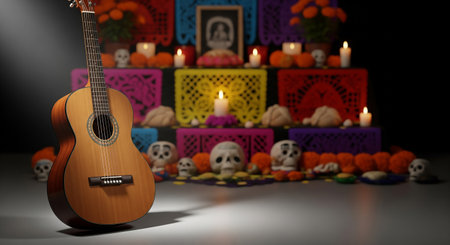 Halloween background with guitar, skull and candles. 3d renderingの素材