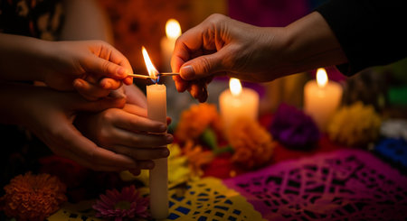 Close up of an adult and child lighting a candle together on a traditional Day of the Dead altar. Showing generations sharing the Mexican tradition.の素材