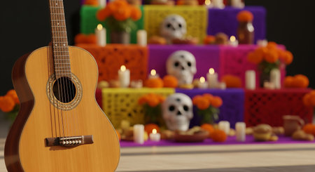 guitar on a background of holiday decorations with candles and skullsの素材