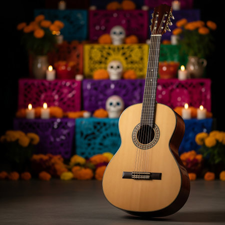 guitar on background of colorful candles and flowers for halloweenの素材