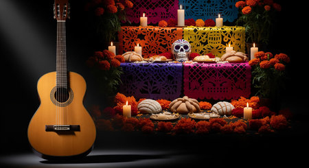 Guitar and chocolate cake for Dia de los Muertos celebrationの素材
