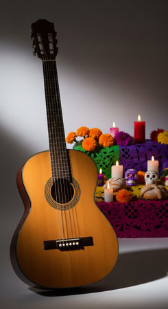 Guitar and candles on a dark background with flowers and candlesの素材