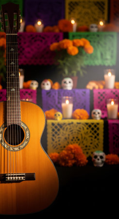Guitar and candles on Halloween background. Selective focus.の素材