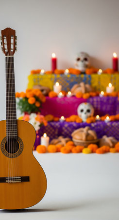 Guitar and candles on the background of a birthday cake.の素材