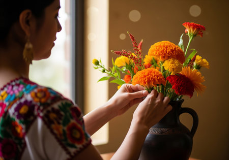 Bouquet of calendula flowers in the hands of a womanの素材