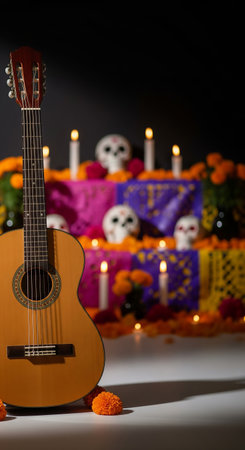 Guitar and flowers with candles for Dia de los Muertos celebrationの素材