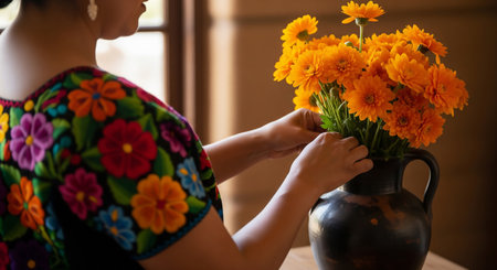Woman holding a bouquet of orange calendula flowers in her handsの素材