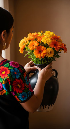 Cup of coffee with cake and marigold flowers on black backgroundの素材
