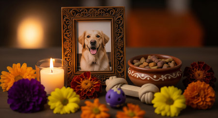 Golden Retriever with bowl of dry pet food, flowers and candles.の素材