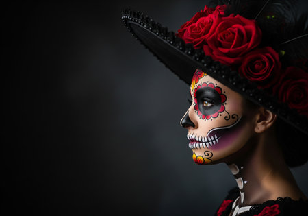 Portrait of a beautiful woman with sugar skull makeup over dark backgroundの素材