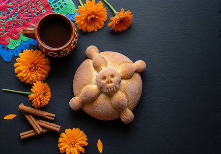 Bread bear with a cup of coffee and flowers on a black backgroundの素材
