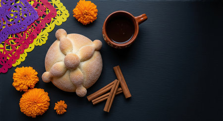 Bread, coffee and flowers on black background. Top view.の素材